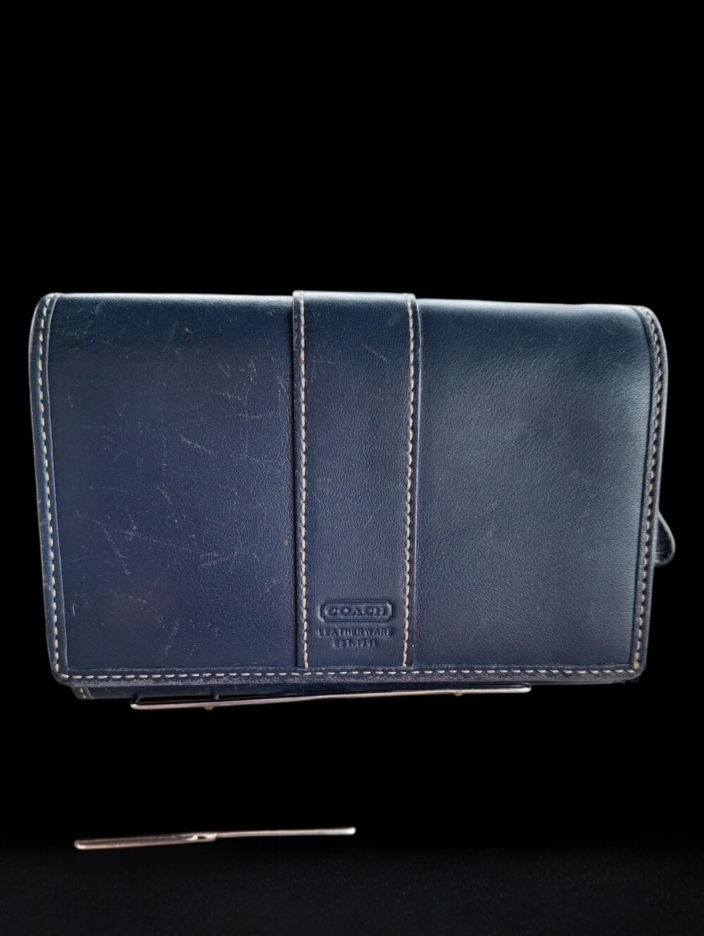Coach Trifold Wallet Compact Clutch Navy Blue Leather with Coin Slot- EUC